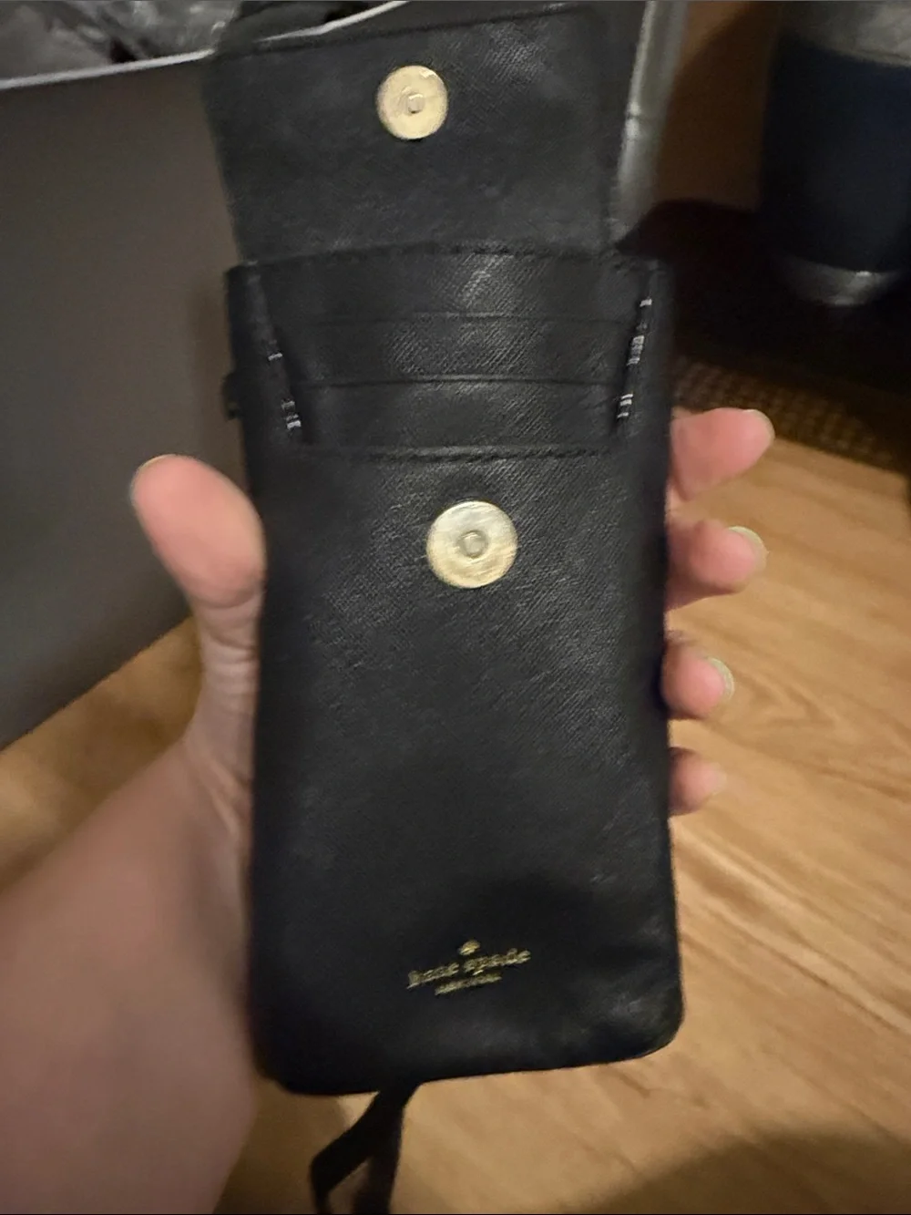 kate spade Black Cat-Ear Crossbody Phone Pouch with Gold Accents